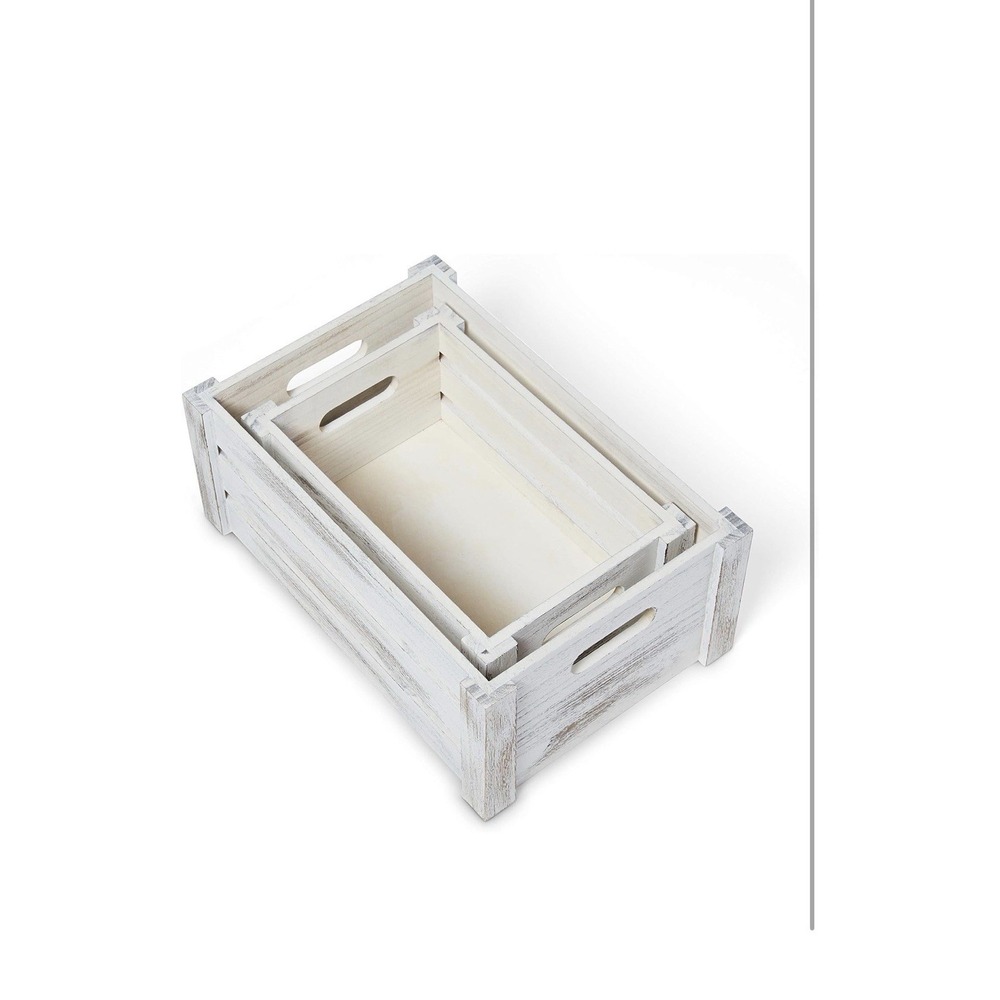 Farmhouse Wooden Crate Set | Whitewashed Nesting Storage Boxes Set of 2 - Picture 8 of 15